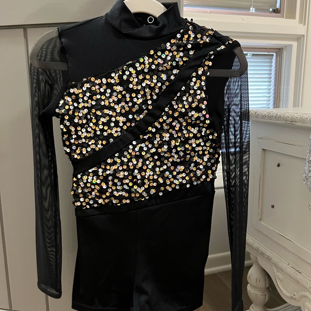 WEISSMAN Dance jazz Costume black silver gold sequin biketard 11731 Child IC